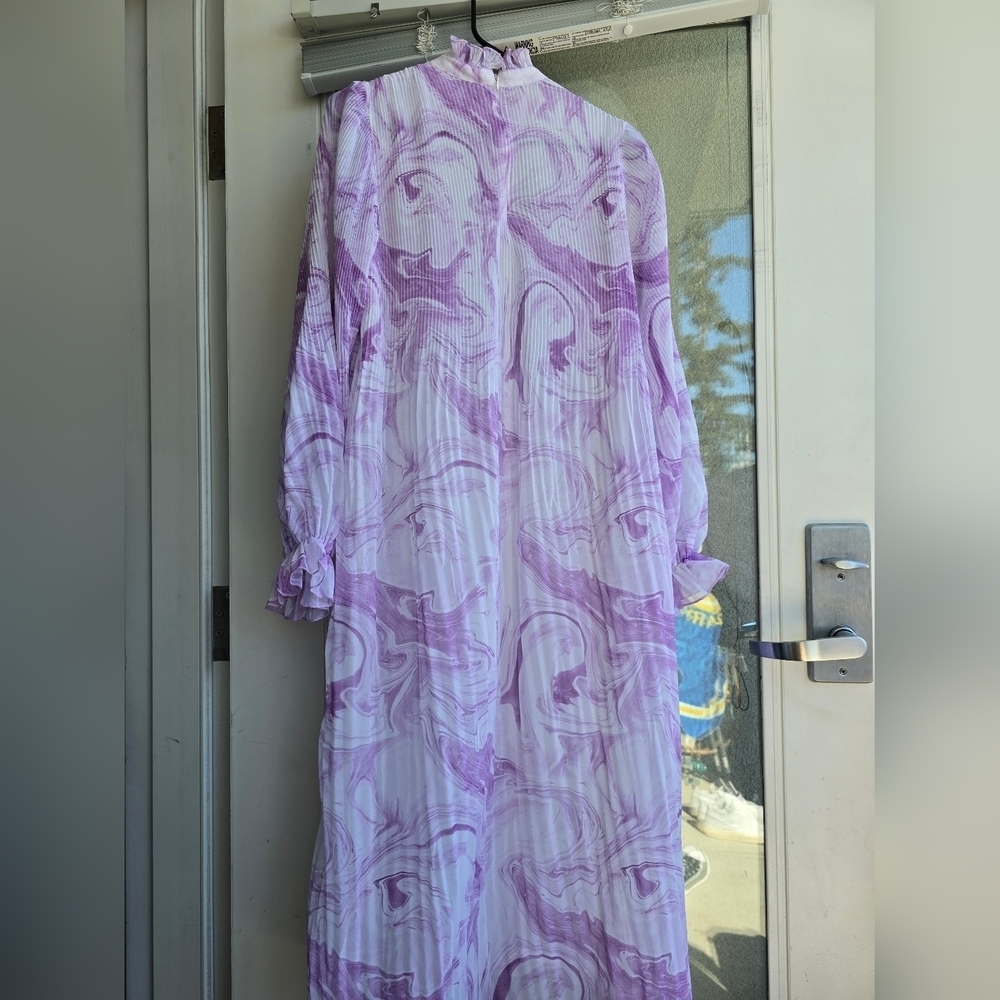 Ganni Purple and White Long Sleeve Mock Neck Dress, new with label - Picture 7 of 11